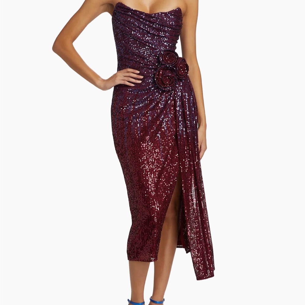 Badgley Mischka Strapless Rosette Sequin Ombré Dress Gown Leg Slit sz 8 NWT